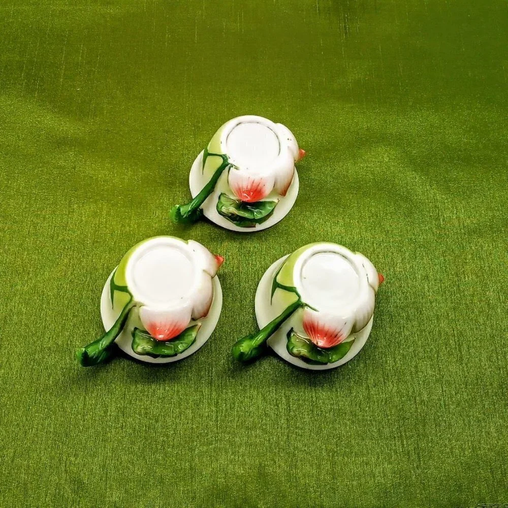White Porcelain Cups Applied Green Frog & Flower (3)